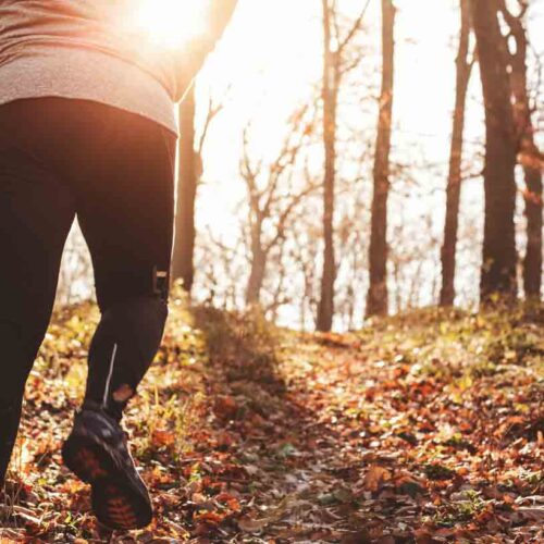 Person running up hill in a forest with sun peeking through trees